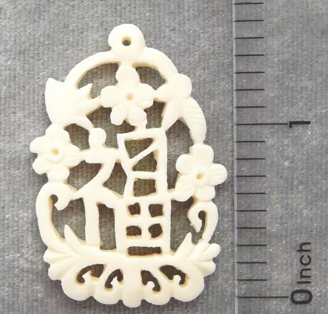 Carved Bone Luck Fortune Asian Symbol Floral Focal Oriental Bead Drop Pendant 2