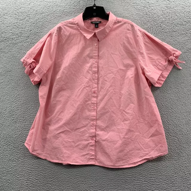 ROZ AND ALI Shirt Womens 3X Button Up Blouse Top Short Sleeve Sheer Pink*