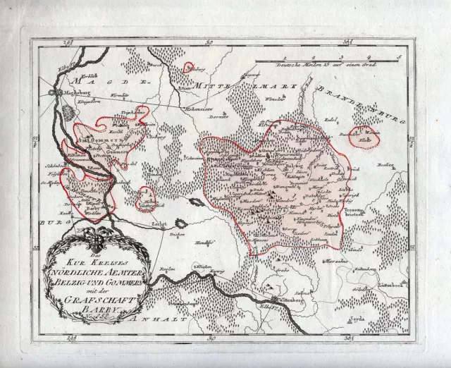 KURKREIS Nördliche Ämter Belzig Gommern Barby Landkarte 1791 Original