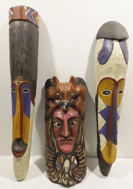 3 Old Carved Painted Masks Decor Africa, Asian Collectibles 2