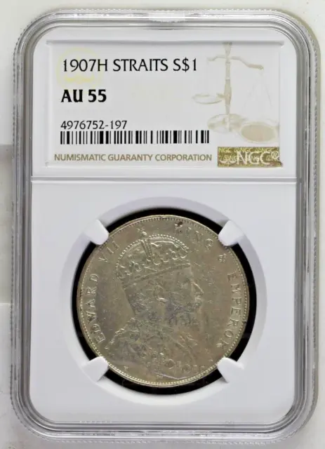 1907 H Straits Settlements 1 Dollar Silver Coin - KM# 26 - NGC AU55 - # 76752