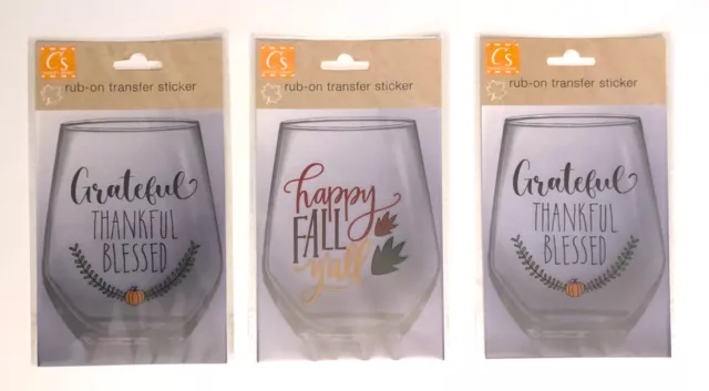 Lot of 3 Rub-on Transfer Sticker for Wine Glasses Or Tumblers