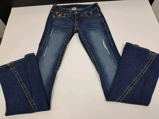 True Religion Disco Joey Big T Blue Jeans Womens 24 Twisted Seam Flare Leg #5263