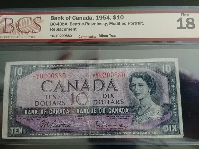 1954 $10 Bank of Canada Replacement Note *U/T0200880 BCS F18 Minor Tear BC-40bA