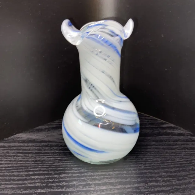 Hand Blown Glass Bud Vase Opalescent White & Blue Ruffled Rim 5.5x3.5”
