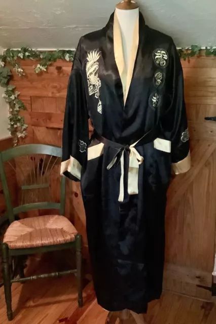 Asian Satin Reversible Kimono Robe Black & Gold with Embroidered Dragon & Tiger