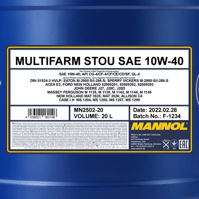 20 (1 x 20) litres MANNOL Multifarm STOU 10W-40 huile pour machines agricoles avec robinet de vidange 3