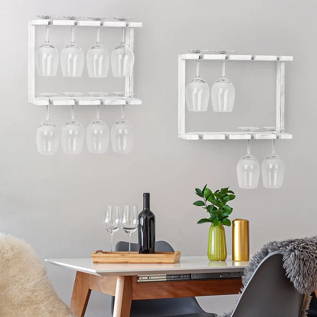 2 Pack 2 Tier Under Cabinet Mount Wood Rack Hanging Shelf Glassware Holder Bar