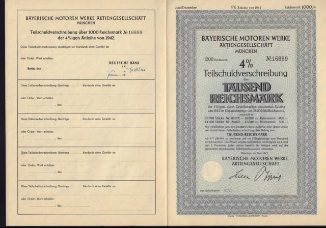 BMW Bayerische Motoren Werke  Germany 1,000 RM old bond 1942