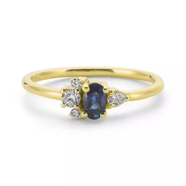 Natürlich Blau Saphir Und Diamanten Formring Damen Ring 14k Massiv Gold R915