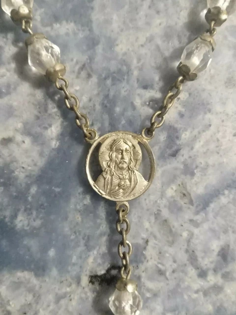 VINTAGE LADY MT Carmel Sacred Heart Of Jesus Glass Rosary 24 Chain vintage-lady-mt-carmel-sacred-heart-of-jesus-glass-rosary-24-chain