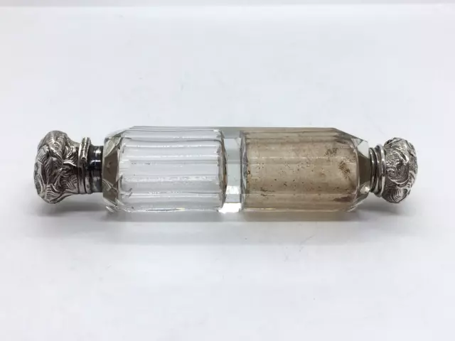 Antique Double Ended Glass Scent Bottle with sterling silver lid mounts - worn