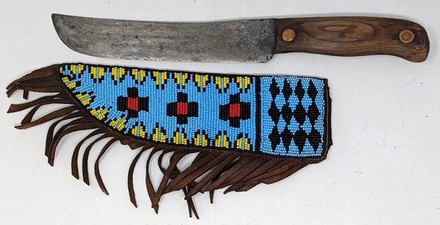 Vintage Native American Indian Fur Trade Bowie Knife Beaded Leather Sheath CU23