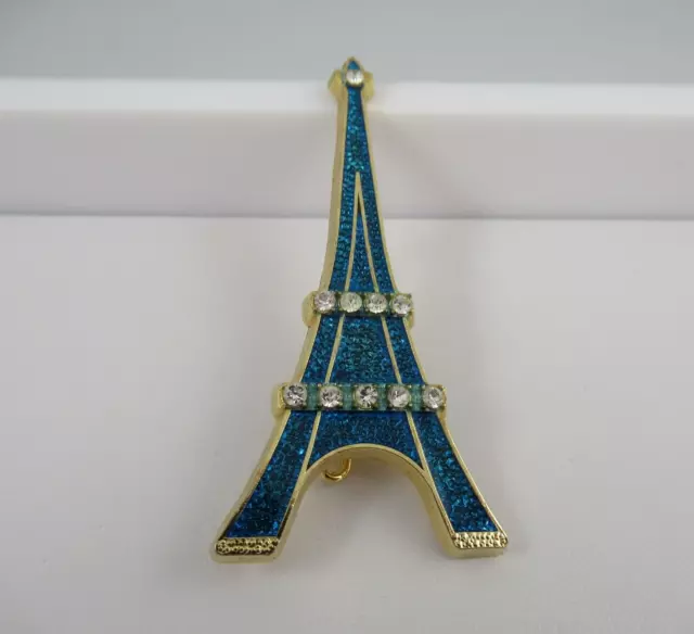 Signed SAP POLYNE Made in France Paris Blue Eiffel Tower Brooch, Pin 2-3/4"