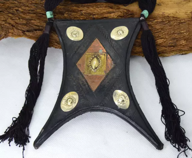 Vintage Antique Tuareg Extra Large Necklace African Amulet Berber leather&Bronze