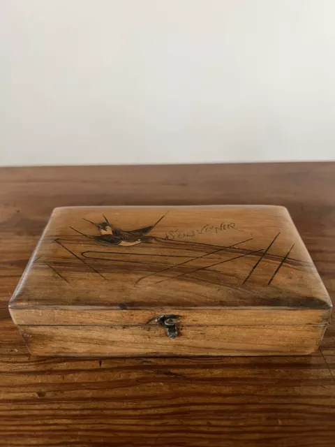 Antique olive wood with inlays stamp box Souvenir With Inlay Swallow C:-1900s .