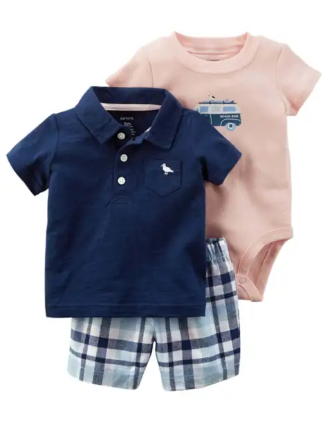 Carters Infant Boys Beach Bum Van Baby Outfits Pink Bodysuit Polo Shirt & Shorts