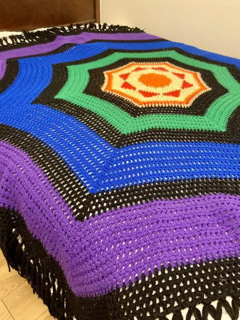 VINTAGE 70s Handmade Crochet Octagon Spider Web AFGHAN Blanket Rainbow Black