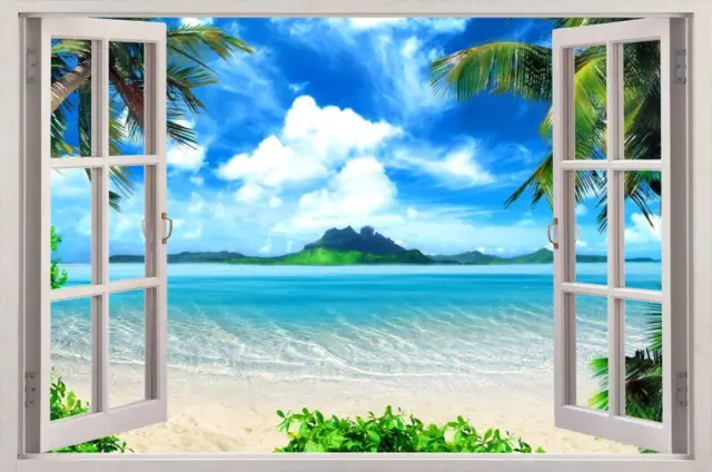 Exotic Beach View 3D Window Decal WALL STICKER DIY Decor Art Wallpaper Mural