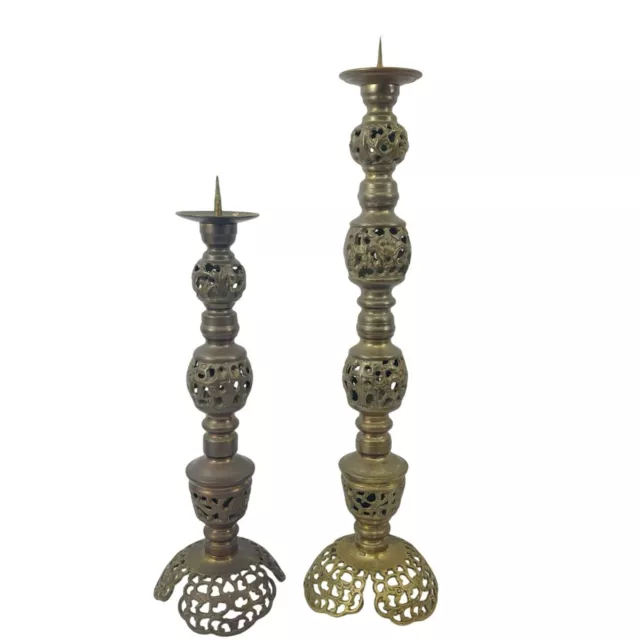 Pair of Large Ornate Brass Candle Holder Fancy Filigree with Boho Brass Decor