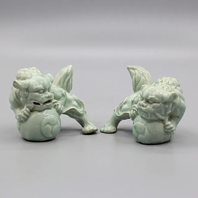 3.54" Chinese Song Hutian Kiln Celadon Porcelain Figurine Foo Fu Dog Lion Statue