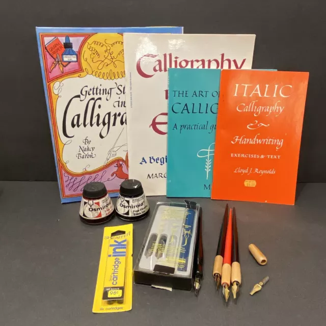 Vintage Calligraphy Lot Of Instruction Books, Pens & Black & Red Ink Sheaffer