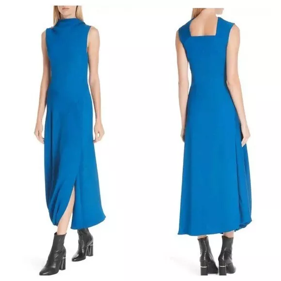 3.1 Phillip Lim Sz 2 Asymmetrical Bubble Hem Crepe Midi Dress Cerulean Blue