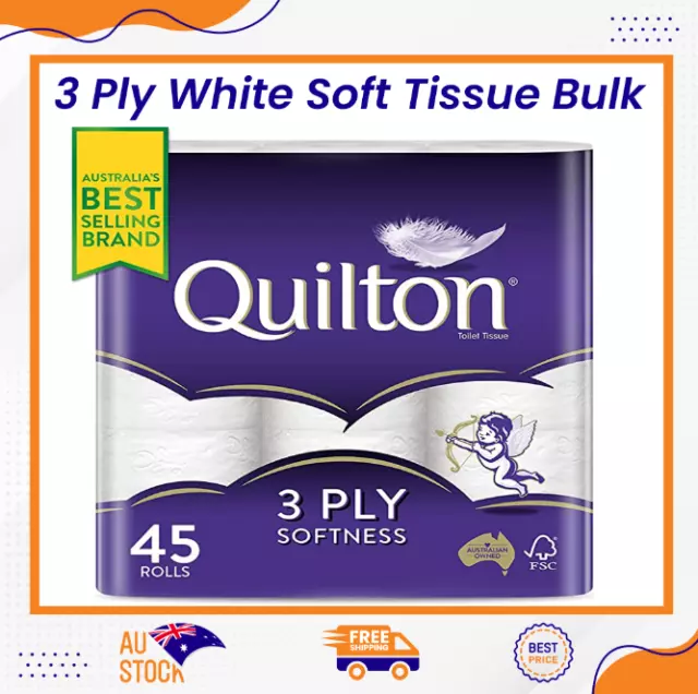 Toilet Paper-45 Rolls Quilton-3 Ply White Soft Tissue Bulk | FREE SHIPPING-Au