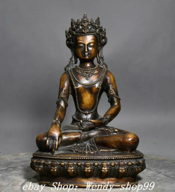 8.6" Old Tibet Buddhism Bronze Seat Lotus Shakyamuni Amitabha Buddha Statue