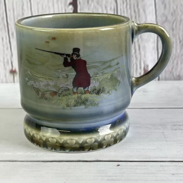 Vintage Wade Ireland Small Blue Pottery Mug Cup Hunting Scene Shamrock Trim 6 Oz