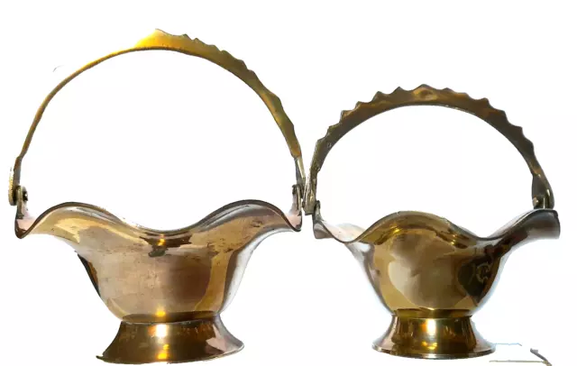 VINTAGE BRASS FLOWER BASKET PAIR with SCALLOPED HANDLES  13 and 10 cm GOOD