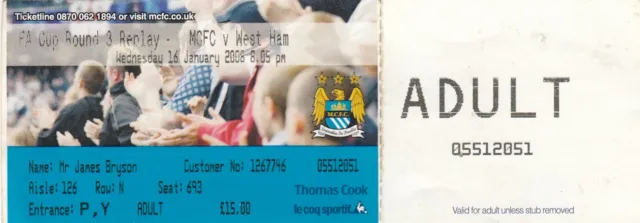 Ticket - Manchester City v West Ham United 16.01.08