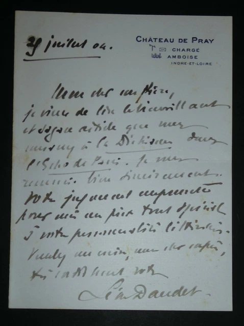 Lettre autographe signée à Léon DAUDET sur son dernier