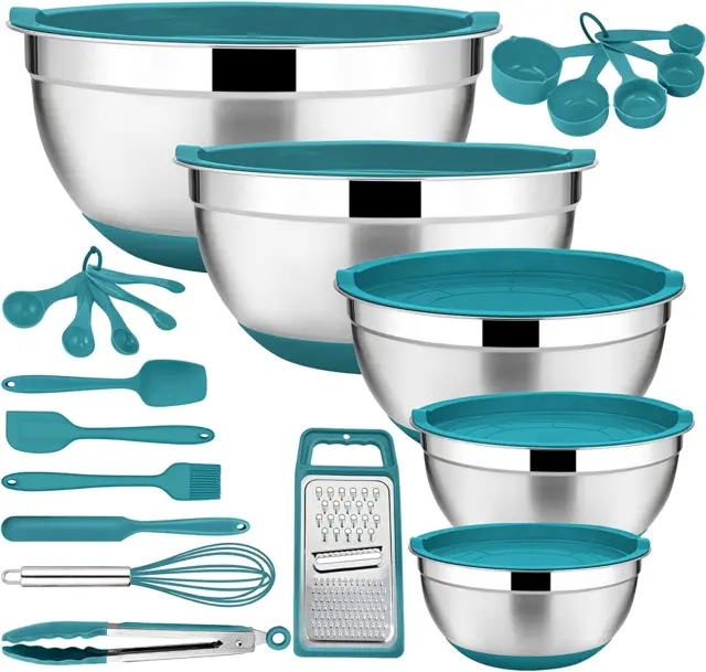 22-Piece Mixing Bowls with Teal Blue Lids & Accessories Set,  Stainless Steel Ne