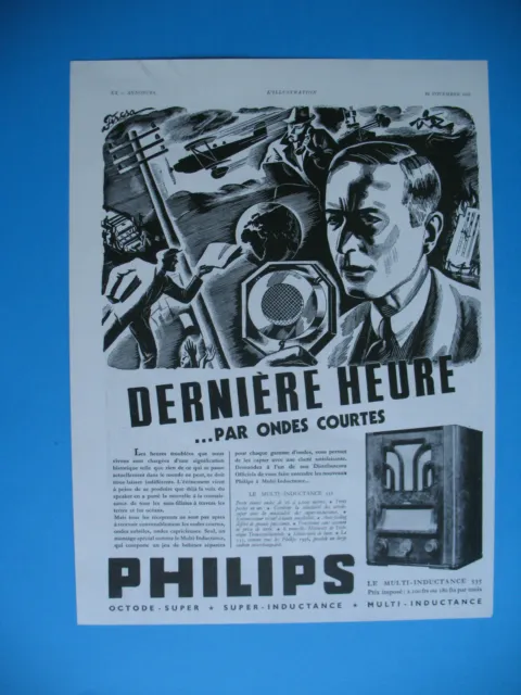 Publicite De Presse Philips T.s.f. Ondes Courtes Derniere Heure French Ad 1935