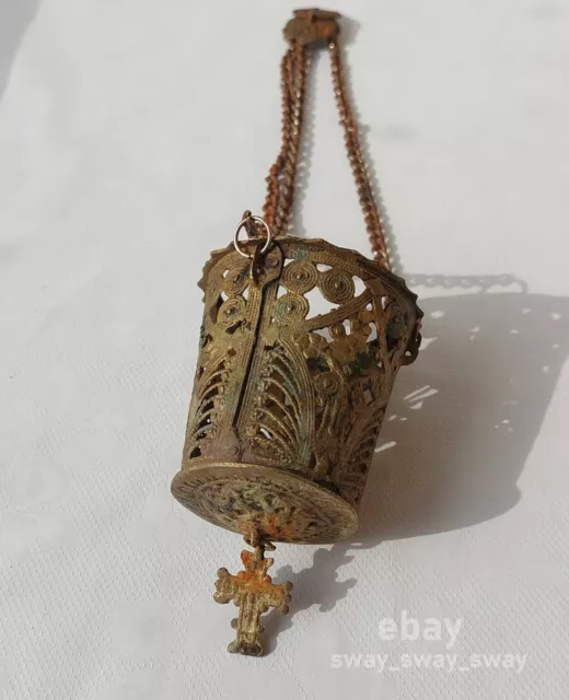 Antique Orthodox Hanging Bronze / brass Thurible Candle, Vigil Lamp, Lampada