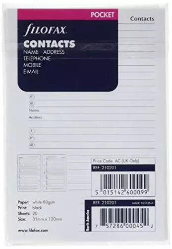 Filofax Pocket for Name, address,telephone,mobile,e-mail