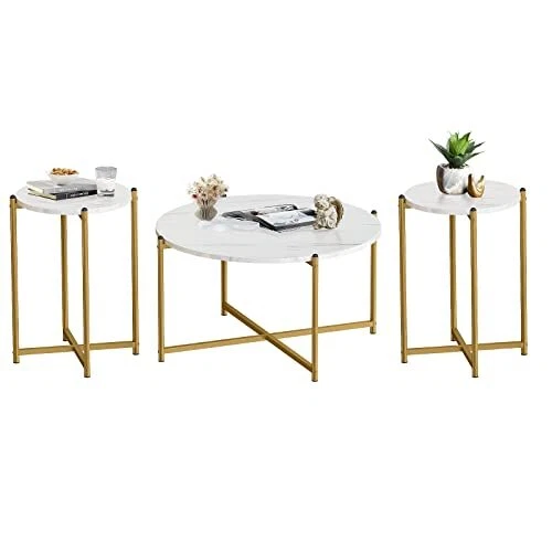 Coffee Table Set of 3,Modern Faux Marble Top with Golden Frame,1 Coffee Table...