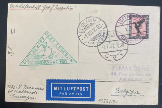 1931 Germany Graf Zeppelin LZ 127 Flight  Postcard Cover To Reykjavik Iceland