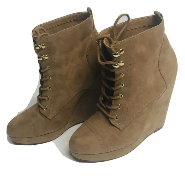 FOREVER 21 FAUX Suede Brown Wedge Platform Ankle Boots Lace Up Booties ...