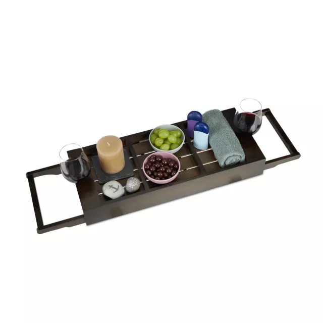 Bandeja bañera madera, Bandeja baño extensible, Organizador bambú marrón oscuro