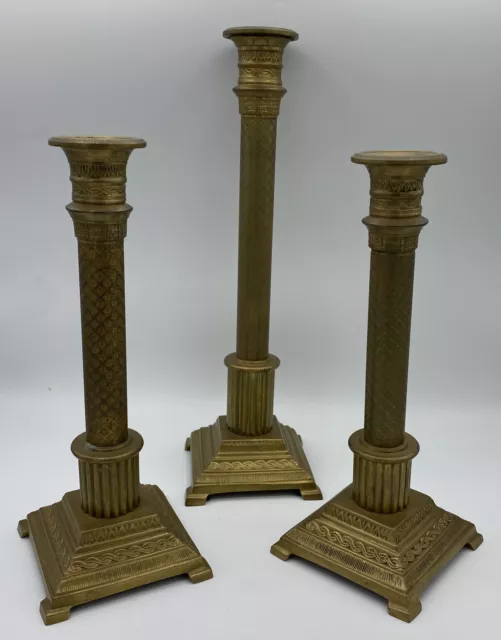 *Rare Design* Set/3 Ornate Detail Antique Heavy Brass Candlesticks