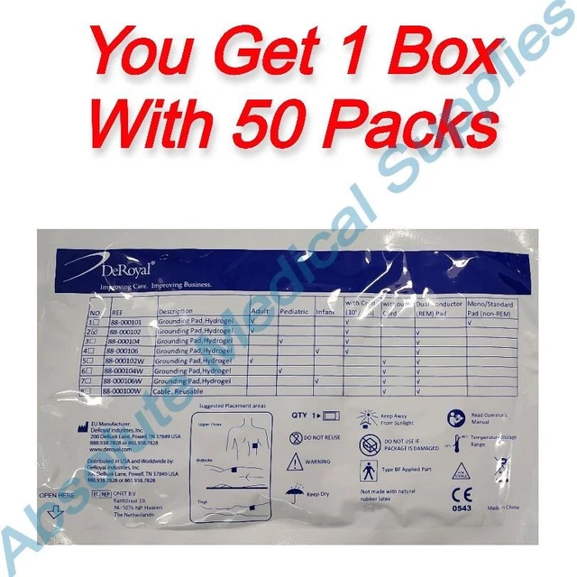 *50-Packs* DeRoyal Hydrogel Grounding Dual Conductor Pad 10' Cord 88-000102