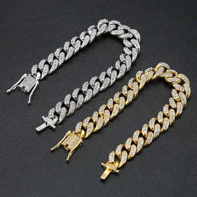 12mm Mens Miami Curb Chain Hip Hop Rapper Gold Plated Cuban Link Bracelet