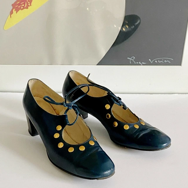 VIntage Roger Vivier Navy Blue Leather Ghillie Pumps with Metal Ornamentation