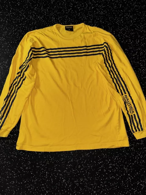 Vintage 90s Nautica Competition Yellow W Stripes Grunge Y2K T-Shirt Size Medium