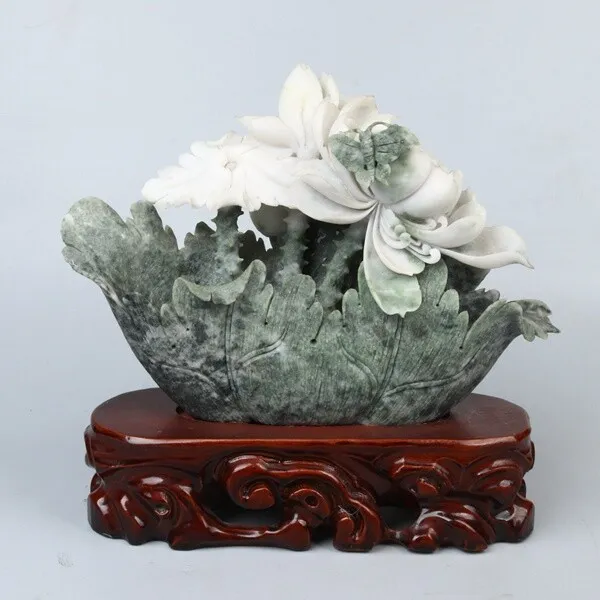 Chinese Exquisite Hand-carved Flowers and butterfly carving Dushan jade statue