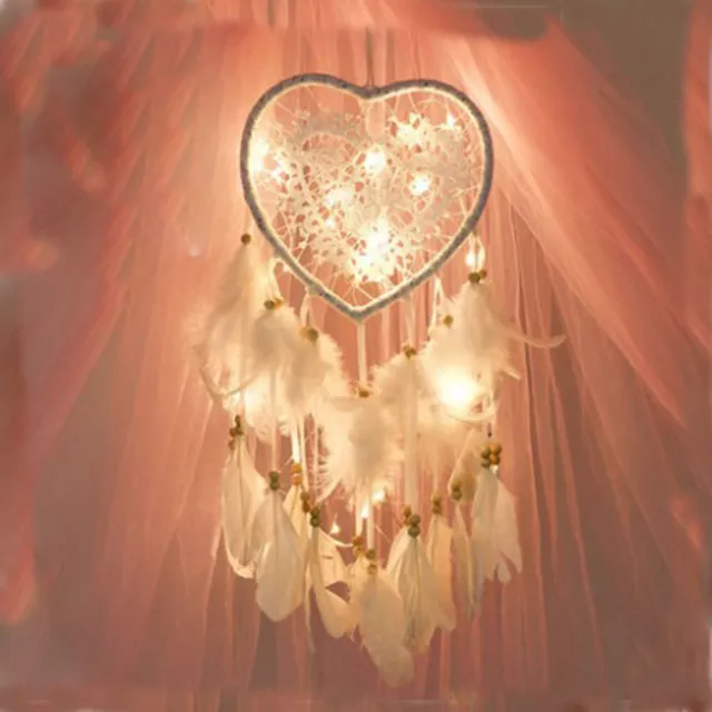 LED Light Love Heart Dream Catcher Kids White Feather Handmade Gift Wall Hanging