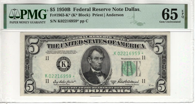 1950 B $5 Federal Reserve Star Note Dallas Fr.1963-K* Pmg Gem Unc 65 Epq (959*)