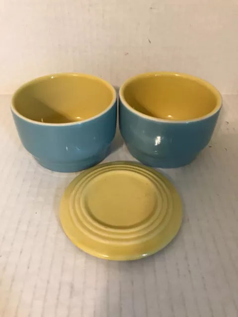 Vintage Pair Of Hall China Co. Westinghouse Blue And Yellow Refrigerator Bowls